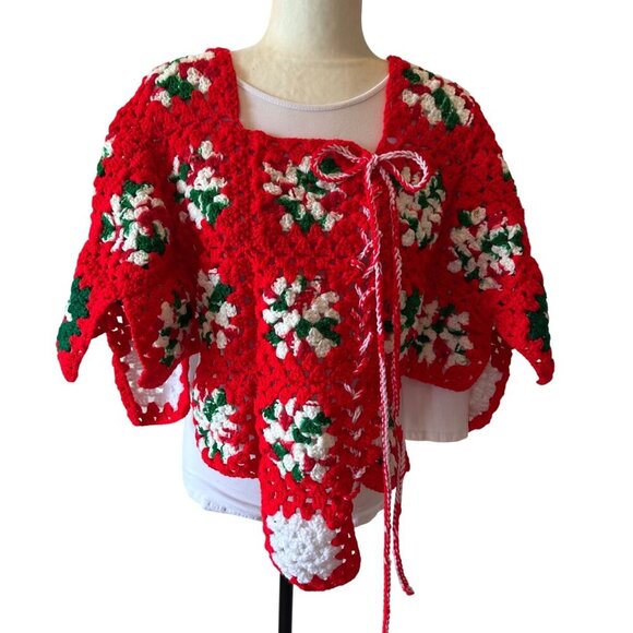 Vintage Handmade Granny Square Crochet Shawl Wrap Boho Red Green Christmas - Picture 1 of 16